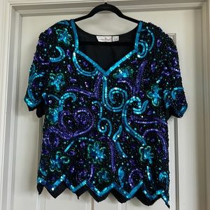 Vintage Laurence Kazan vintage 100% silk lining w/Sequin Blouse Size XL